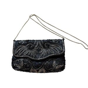 Vintage Black Beaded Shoulder Bag Purse Silver Chain Strap Elegant Clutch